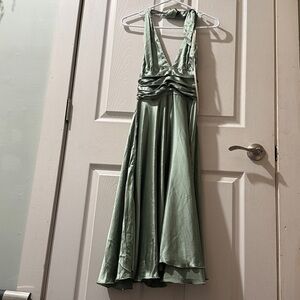 V-Neck Silk backless Midi Dress in Sage Green